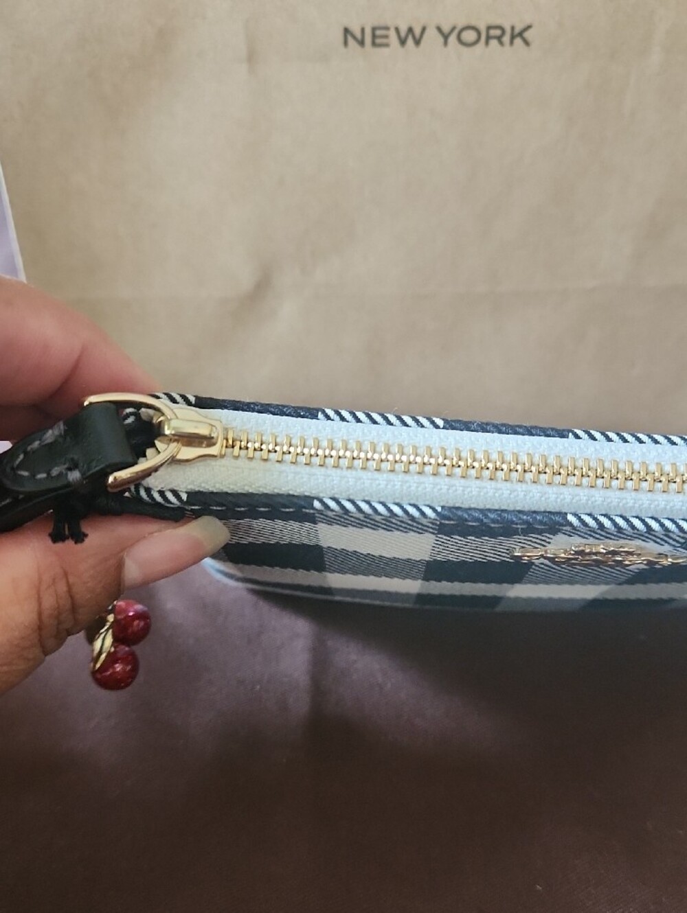 Coach Black and White Buffalo Plaid Wristlet Pouch with Gold Hardware With Charm - Picture 2 of 5